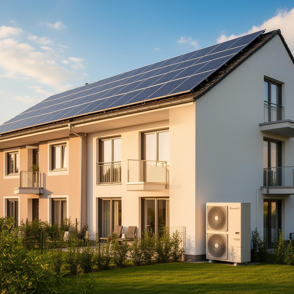 Modernes Mehrfamilienhaus mit PV-Anlage auf dem Dach und Wärmepumpe